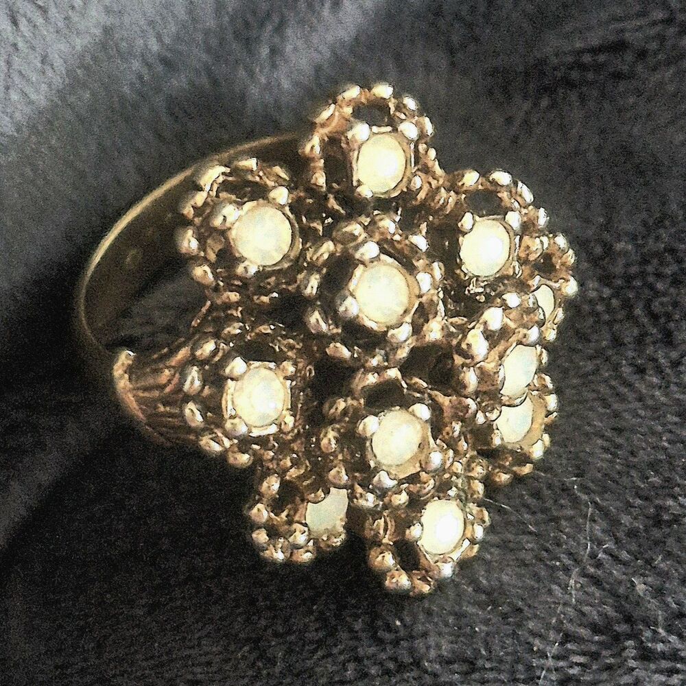 Vintage Vargas 18K HGE Branched Split Shank Faux Opal Dome Cluster Ring Sz 7.5